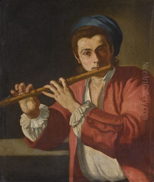 A Young Man Playing A Flute Oil Painting by Gaspare Traversi