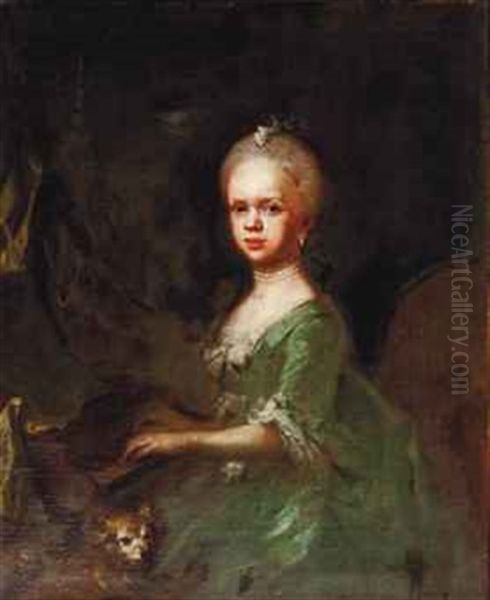 Portrait Of A Young Girl, Three-quarter-length, Playing The Pianoforte, In A Green Dress, With A Dog Oil Painting by Gaspare Traversi