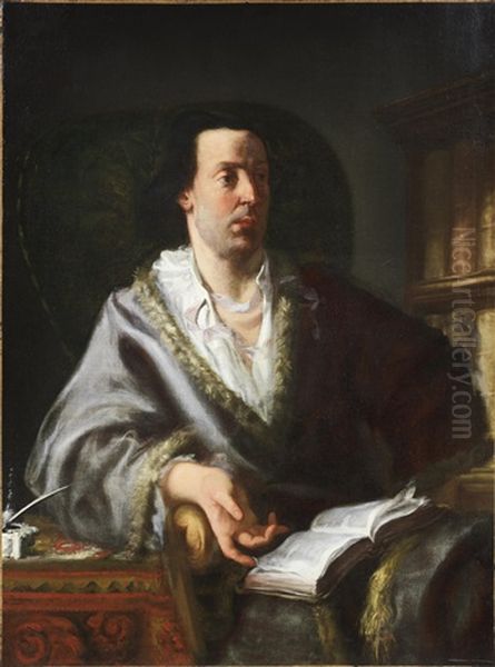 Portrait Of A Gentleman, Three-quarter-length, In A Silk Fur-trimmed Coat, Seated At His Desk, Holding A Book Oil Painting by Gaspare Traversi