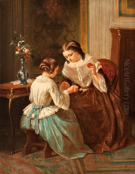 Two Wool Winding Girls Oil Painting by Jean-Baptiste Jules Trayer