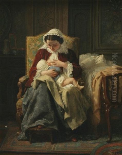 The Young Mother Oil Painting by Jean-Baptiste Jules Trayer