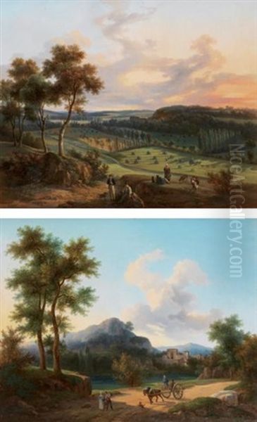 Paysage Avec Moissonneurs Et Les Travaux Dans Les Champs (pair) Oil Painting by Jean-Baptiste Jules Trayer