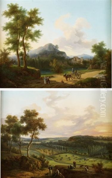 Paysage Avec Moissonneurs (+ Les Travaux Dans Les Champs; Pair) Oil Painting by Jean-Baptiste Jules Trayer