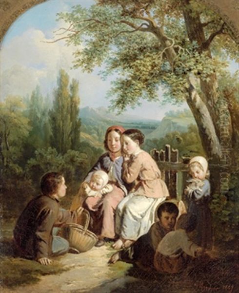 Rastende Kindrgruppe (+ Trauben Pfluckende Kinder; 2 Works) Oil Painting by Jean-Baptiste Jules Trayer