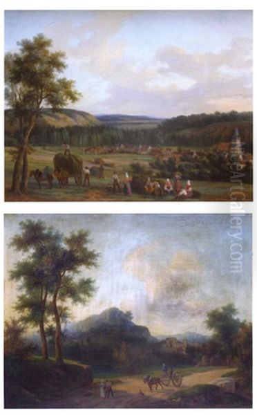 Paysage Avec Des Moissonneurs (+ Les Travaux Des Champs; Pair) Oil Painting by Jean-Baptiste Jules Trayer