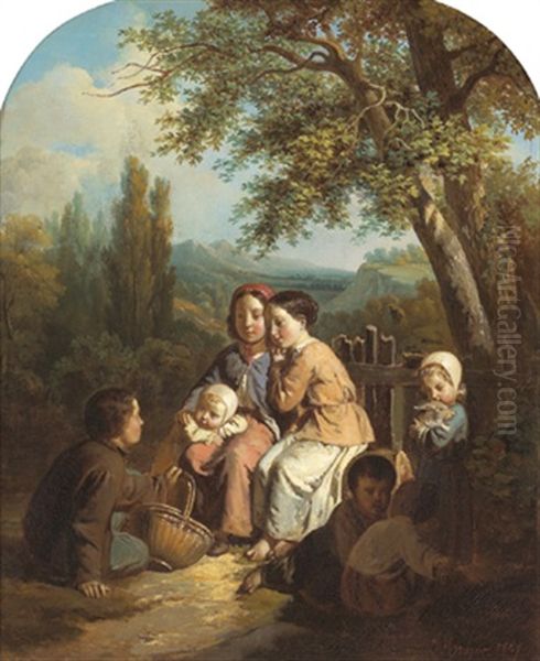 Rastende Kindergruppe (+ Traubenpfluckende Kinder; 2 Works) Oil Painting by Jean-Baptiste Jules Trayer