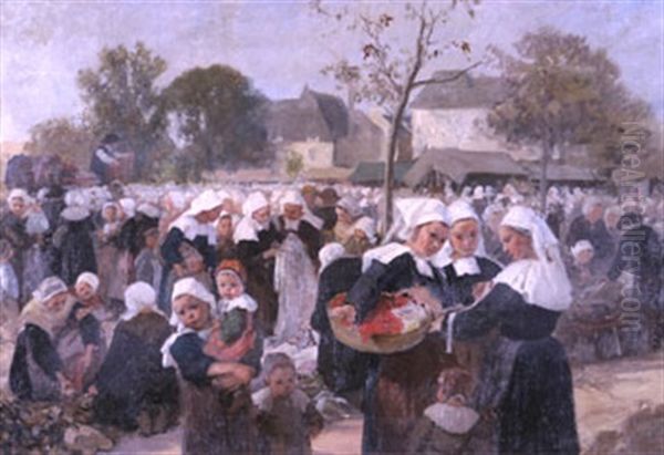 Marche Aux Etoffes Oil Painting by Jules Trayer