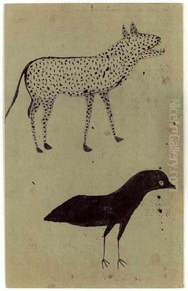 The Leopard And The Black Bird (on Back Of Advertisement For Hollywood Oddities) Oil Painting by Bill Traylor