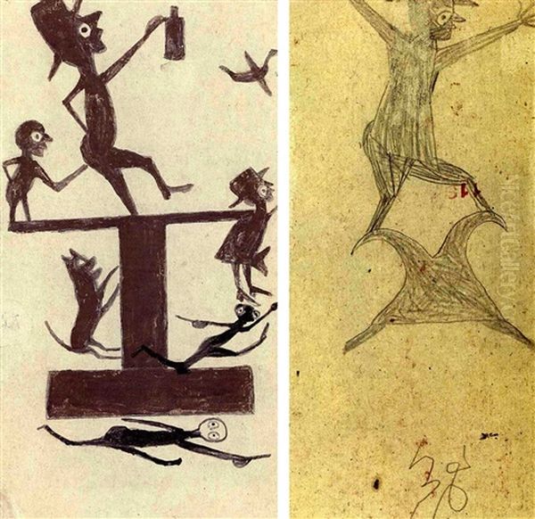 Drinking Men On Platform -the Exciting Event (+ Man In A Hat Leaping And Gesticulating Over A Shaped Kite Or Bird, Pencil, Verso) Oil Painting by Bill Traylor