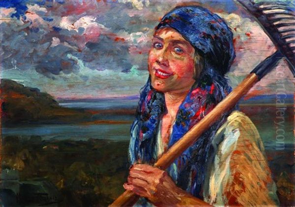 Woman With A Shovel Oil Painting by Maurycy Trebacz