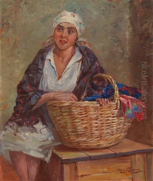 Young Woman With Washing Basket Oil Painting by Maurycy Trebacz