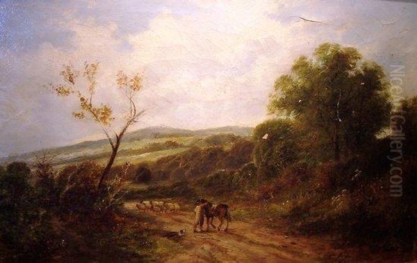 Man With Horse And Sheep On A Country Road Oil Painting by Carl Brennir