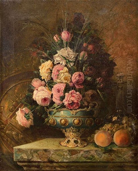 Composition Au Bouquet De Roses Oil Painting by Etienne Leon Trebutien