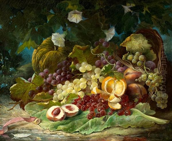 Stillleben Mit Beeren, Trauben, Orange, Pfirsichen Und Einem Kurbis Vor Waldlandschaft Oil Painting by Etienne Leon Trebutien