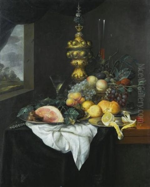 Nature Morte Au Pichet, Montre De Gousset Et Citron Sur Un Entablement Oil Painting by Jan Jansz. Treck