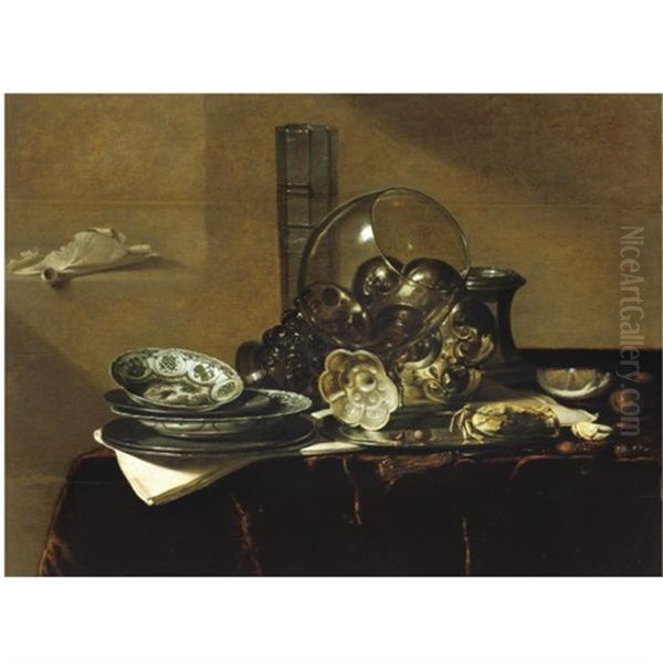 Still Life With A Roemer, A Beer Glass, A Silver Tazza On Its Side, A Salt Cellar And Other Objects On A Table Draped In Red Cloth Oil Painting by Jan Jansz. Treck