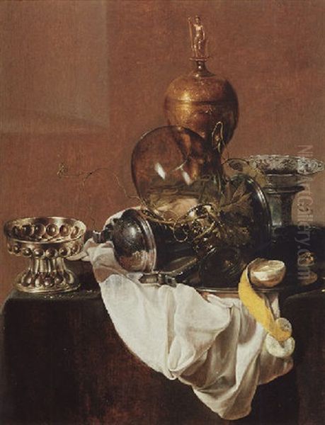 A Still Life Of Silverware, An Overturned Roemer, A Peeled Lemon On A Plate, A Blue And White Porcelain Bowl And An Ormolu Vase Oil Painting by Jan Jansz. Treck