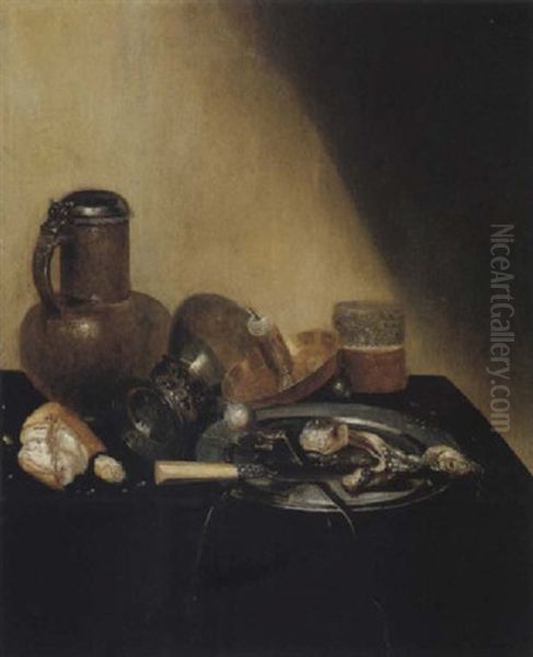 Still Life Of A Herring, An Onion And A Knife On A Pewter Dish, Together With An Upturned Roemer, A Candlestick, A Glass, Bread And A Flagon Oil Painting by Jan Jansz. Treck