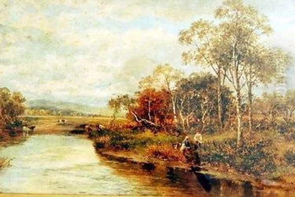 Figures Near A River Oil Painting by Carl Brennir