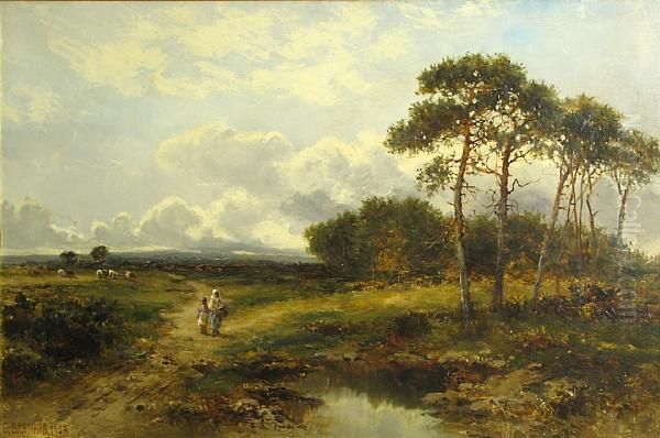 A Pastoral Landscape With Two Figures By A Pond Oil Painting by Carl Brennir