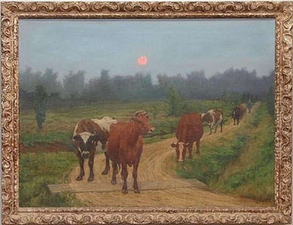 Cows Walking Home At Sunset Oil Painting by William Brooke Thomas Trego