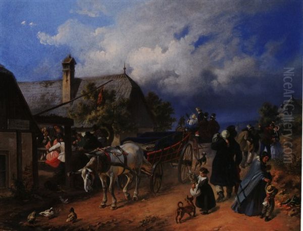 Pferdekutschen Mit Besuchern Einer Heurigenstation Oil Painting by Johann Friedrich Treml