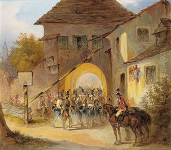 Einzug Osterreichischer Infanterie Durch Ein Stadttor (modling?) Oil Painting by Johann Friedrich Treml