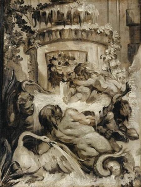 Putti Jouant Pres D'une Fontaine Oil Painting by Pierre Charles Tremolieres