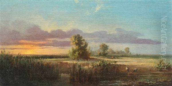 Scenery With Birds At Sunset Oil Painting by Henri Trenk