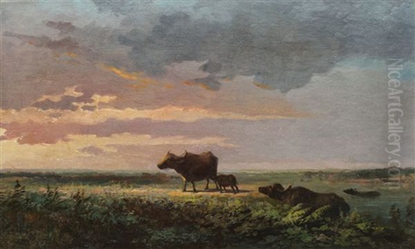 Scenery With Buffalo Family Oil Painting by Henri Trenk