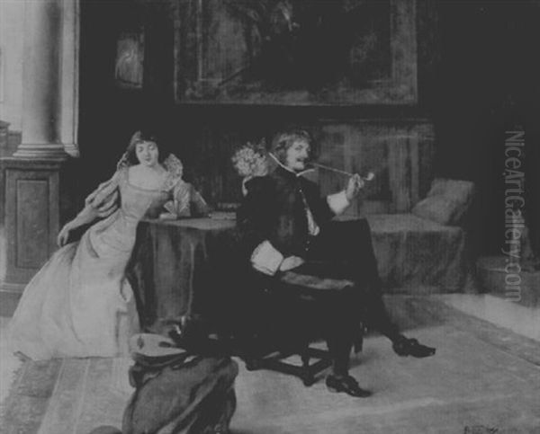 Couple In An Interior With Man Smoking A Pipe Oil Painting by Angelo Trentin