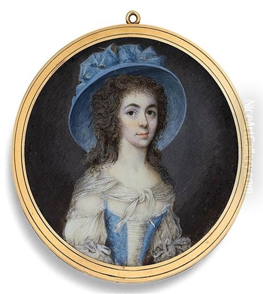 A Young Lady, In Decollete White Muslin Dress With Blue Bodice, White Muslin Shawl Over Her Shoulders Tied At Corsage, Wearing A Large Blue Hat Oil Painting by Giuseppe Tresca