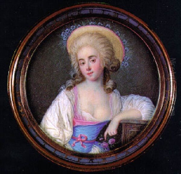 A Fine Portrait Of A Lady, In White Dress With A Blue Bodice Oil Painting by Giuseppe Tresca