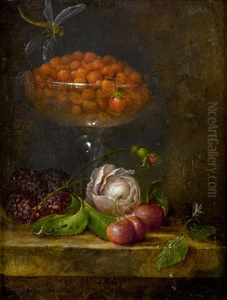 A Glass Dish Of Wild Strawberries With A Rose, Loganberries And Cherries On A Marble Top Oil Painting by Catharina Treu