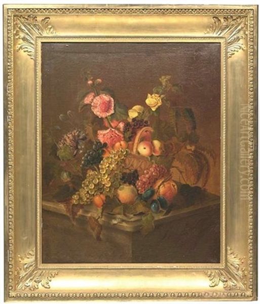 Fruchtekorb Mit Hellen Und Dunkelen Trauben, Verschiedenen Fruchten, Sommerblumen Und Esskastanien Auf Einer Steinkonsole Oil Painting by Catharina Treu