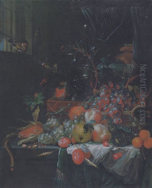 Grapes In A Basket, A Corn Cob, Various Fruit, A Roemer And A Wine Flute On A Chest, A Lit Taper On A Draped Stone Ledge And A Chaffinch In A Window Oil Painting by Catharina Treu