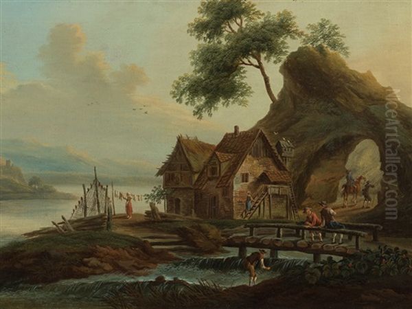 River Scenery With Houses Oil Painting by Christoph Treu