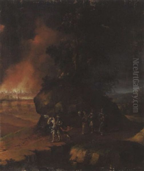 Der Engel Fuhrt Lot Und Dessen Familie Aus Dem Brennenden Sodom Oil Painting by Christoph Treu