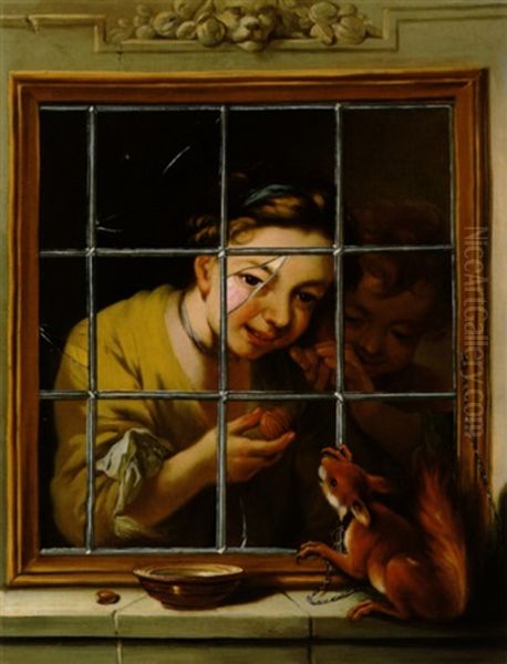 Zwei Kinder Zeigen Einem Eichhornchen Vor Dem Fenster Eine Nuss Oil Painting by Nicolaus Treu