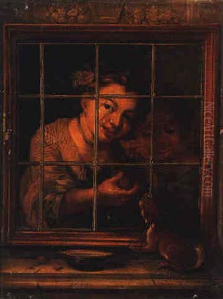 Trompe L'oeil Of A Young Girl At A Window Feeding A Squirrel Oil Painting by Nicolaus Treu