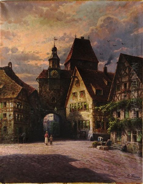 Hauserfassaden, Das Tor Und Der Wachturm Einer Stadt Mit Abendhimmel Oil Painting by Friedrich Treuer