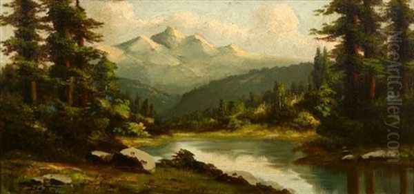 River Mountain Landscape Oil Painting by Richard de Treville