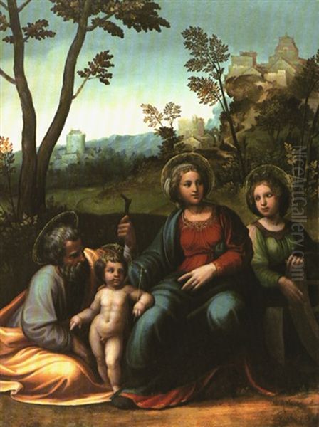 Die Heilige Familie Mit Der Heiligen Katharina In Landschaft Oil Painting by Girolamo da Treviso the Younger