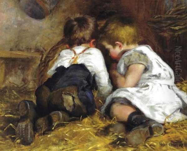 Children Playing In A Barn Oil Painting by Helen Mable Trevor