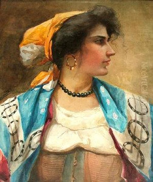 Portrait Of A Gypsy Girl Oil Painting by Anton Brentano