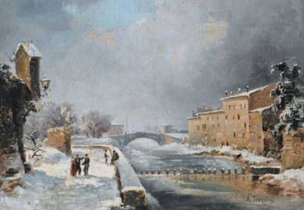 Navigli Con Neve E Figure Oil Painting by Angelo Trezzini