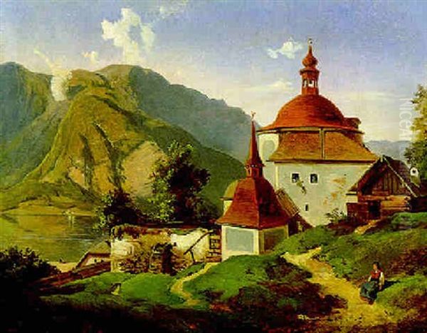 Das Alte Pfarrkirchlein In Hallstatt Oil Painting by Alexander Trichtl