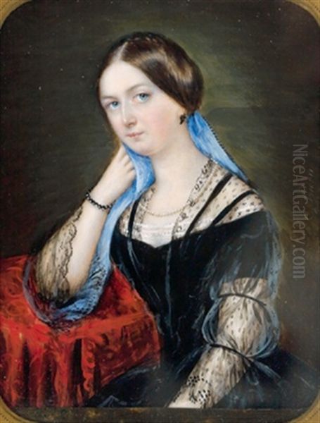 Bildnis Einer Jungen Dame Mit Blauem Schleier, An Einem Tischchen Sitzend Oil Painting by Caroline Franziska (nee Sattler) Tridon