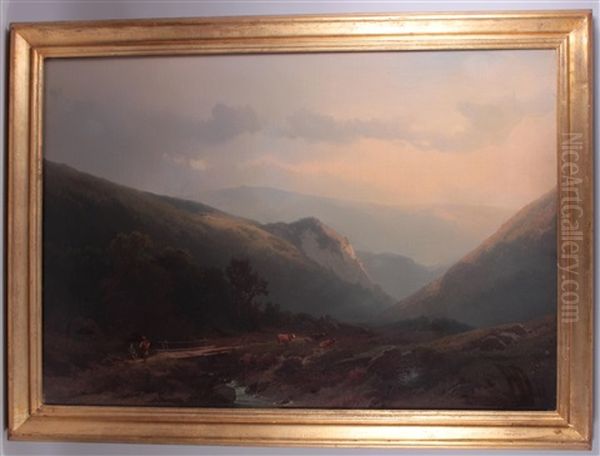 Gebirgslandschaft, Im Vordergrund Bach Mit Steg, Sowie Rastender Hirtenjunge Und Sennerin Oil Painting by Carl Triebel