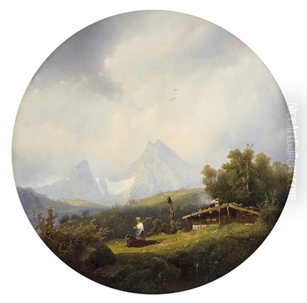 Hochalm In Berchtesgaden Mit Bauernpaar Vor Hutte Und Blick Auf Den Watzmann Oil Painting by Carl Triebel